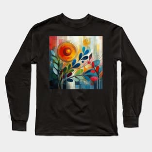 Abstract Orange Blue Red Flower and Leaves Long Sleeve T-Shirt